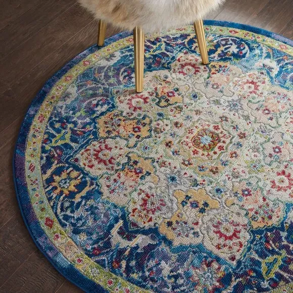Round Area Rug with Carved Pile - Blue