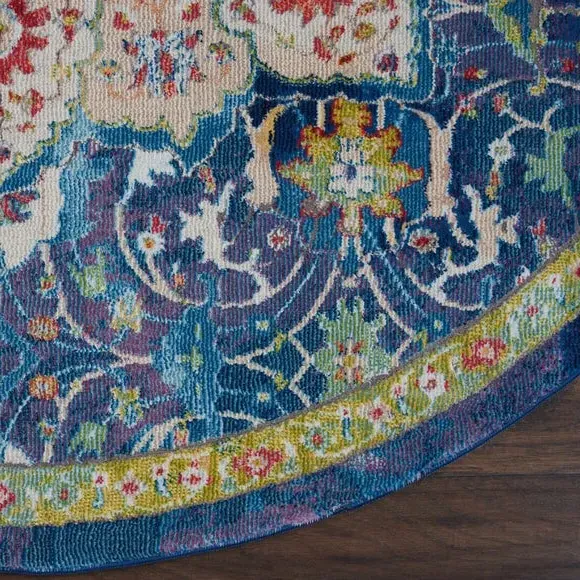 Round Area Rug with Carved Pile - Blue