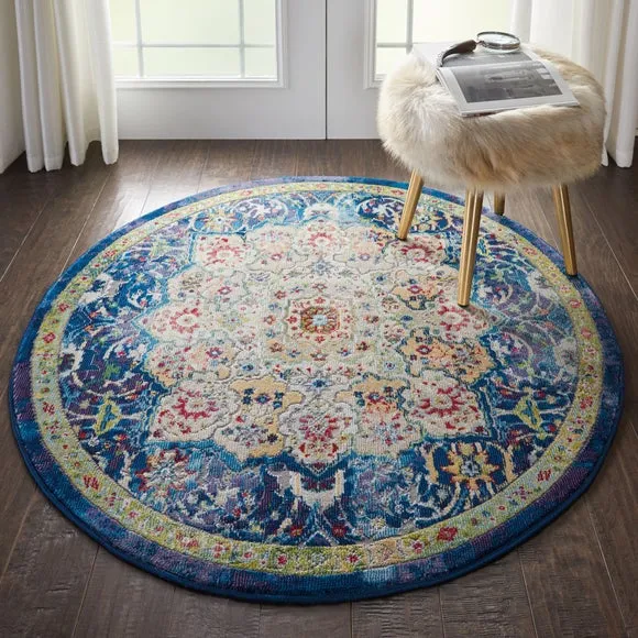 Round Area Rug with Carved Pile - Blue