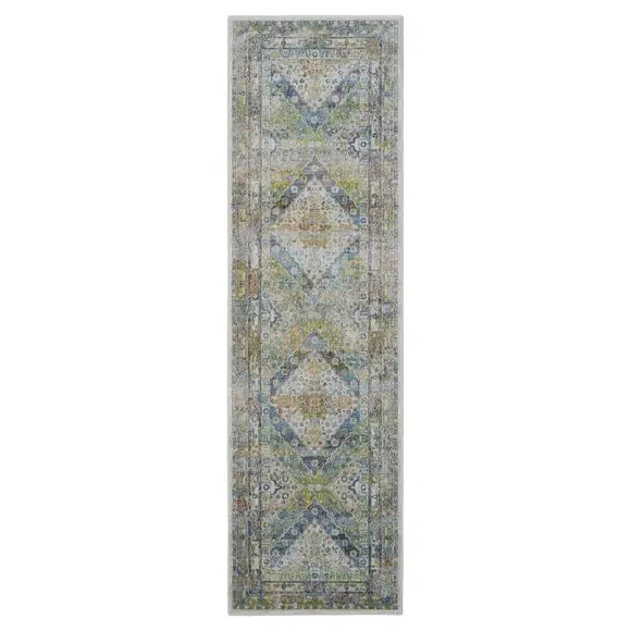 Runner Rug with Diamond Medallions - Blue