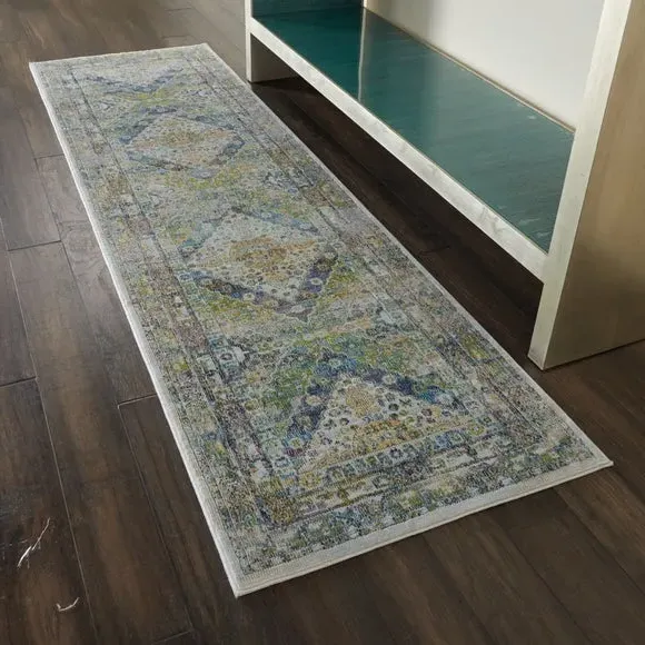 Runner Rug with Diamond Medallions - Blue