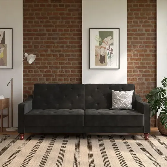 Double Futon with Tufted Design - Grey, Velvet