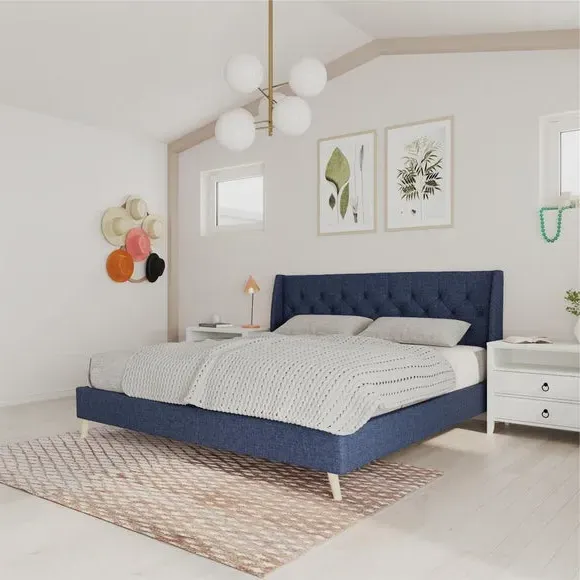 Wingback Bed with Tufted Headboard - Blue, Linen