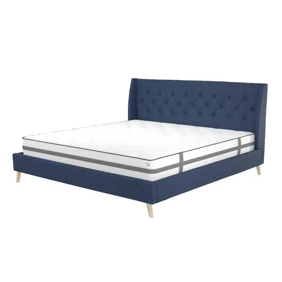 Wingback Bed with Tufted Headboard - Blue, Linen