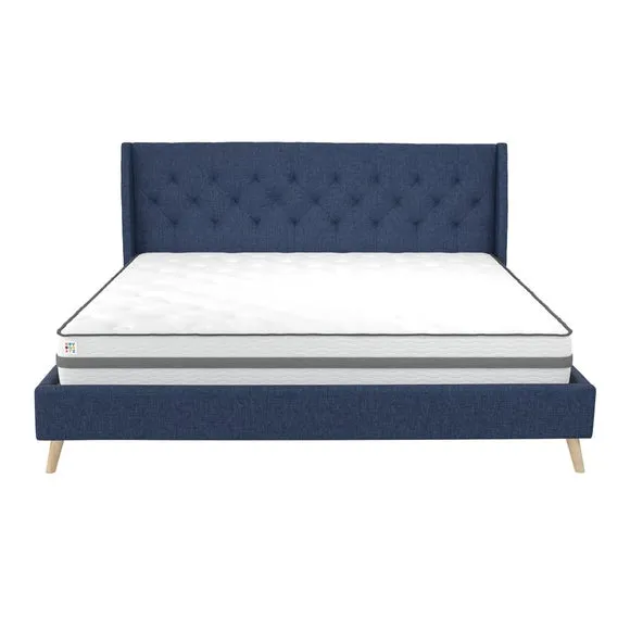 Wingback Bed with Tufted Headboard - Blue, Linen