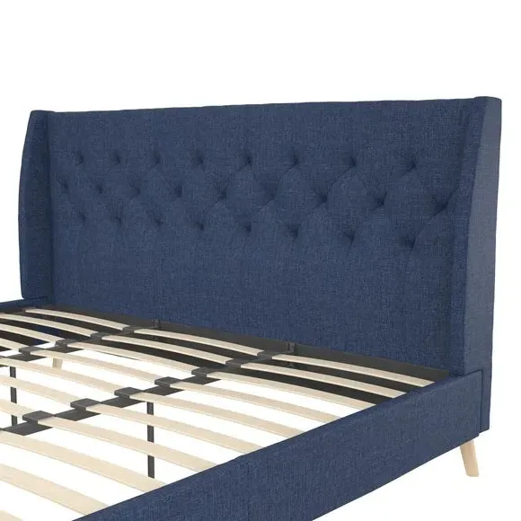 Wingback Bed with Tufted Headboard - Blue, Linen