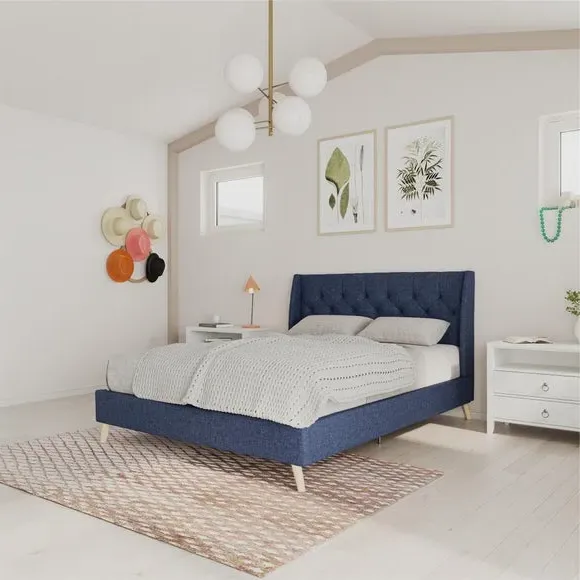 Wingback Bed with Tufted Headboard - Blue, Linen