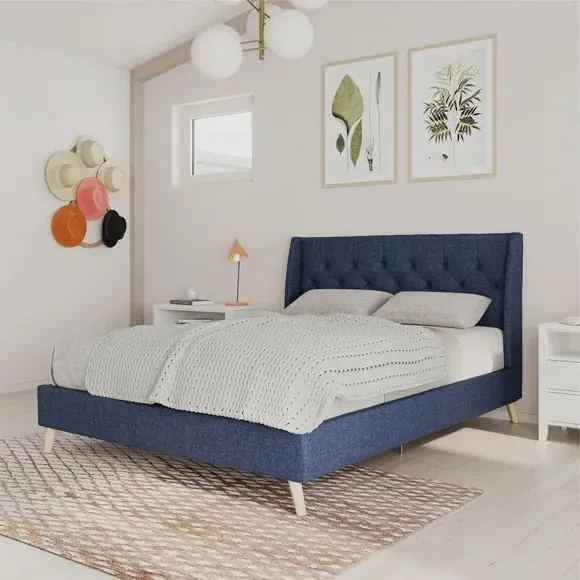 Wingback Bed with Tufted Headboard - Blue, Linen