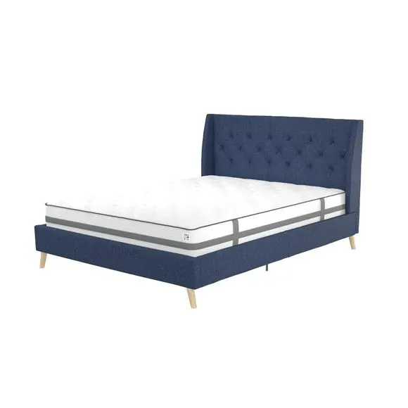 Wingback Bed with Tufted Headboard - Blue, Linen