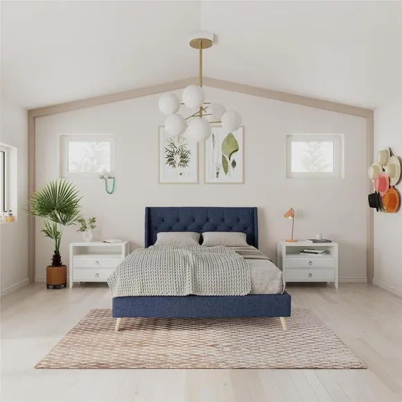 Wingback Bed with Tufted Headboard - Blue, Linen image