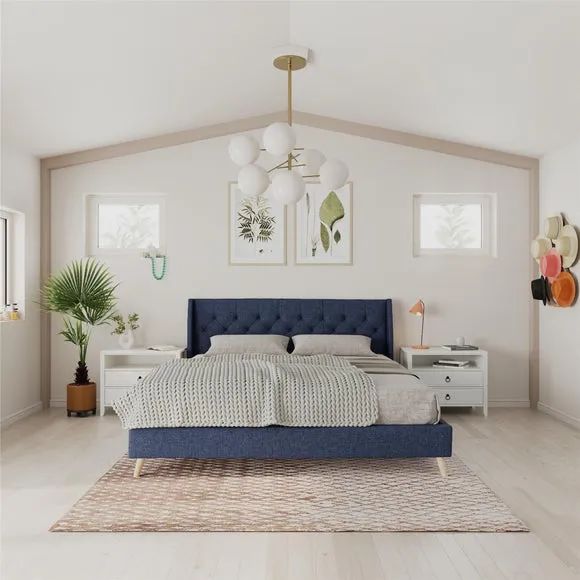 Wingback Bed with Tufted Headboard - Blue, Linen