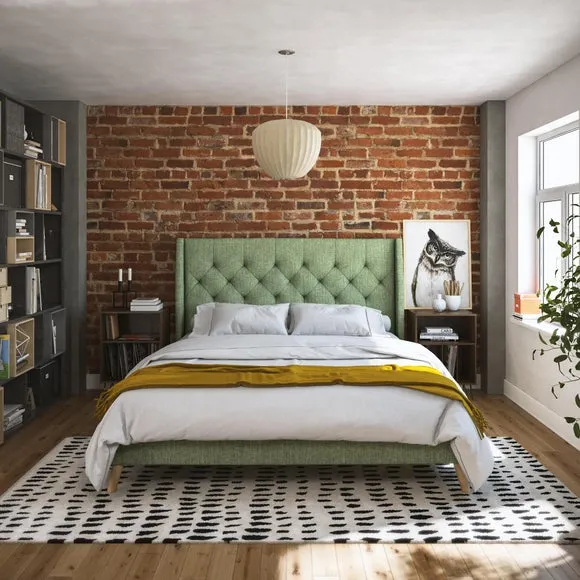 Wingback Bed with Tufted Headboard - Green, Linen