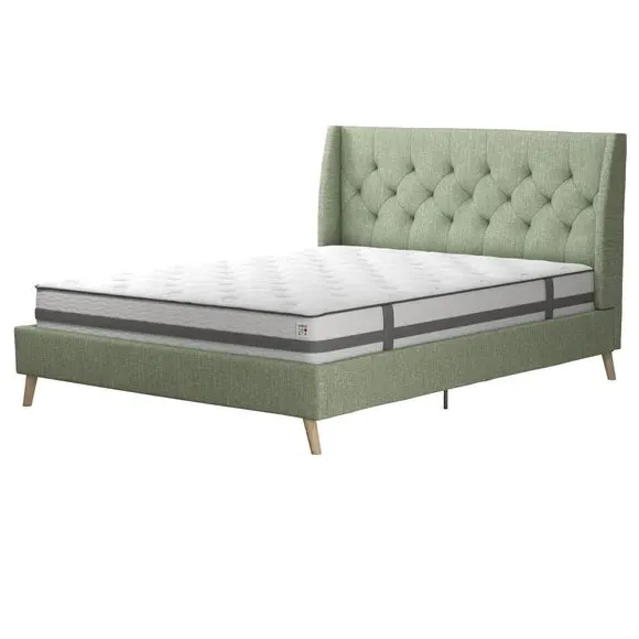 Wingback Bed with Tufted Headboard - Green, Linen