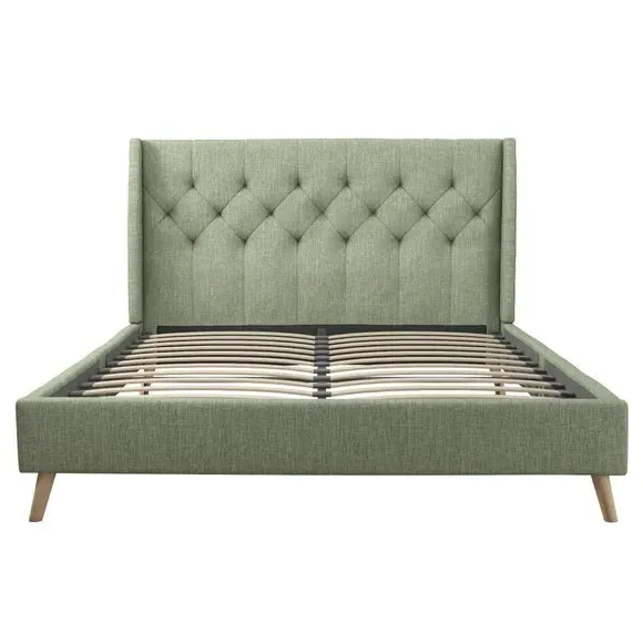 Wingback Bed with Tufted Headboard - Green, Linen