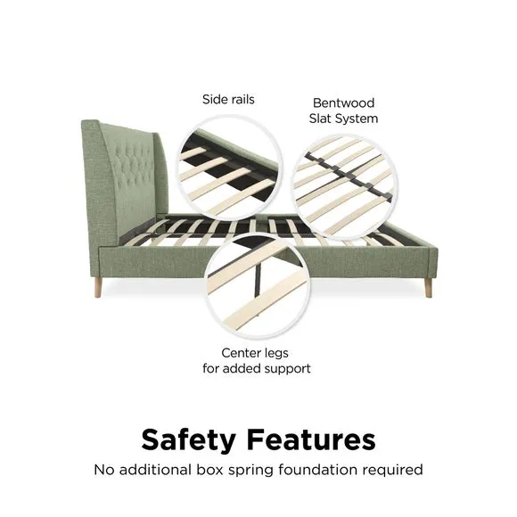 Wingback Bed with Tufted Headboard - Green, Linen