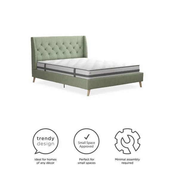 Wingback Bed with Tufted Headboard - Green, Linen