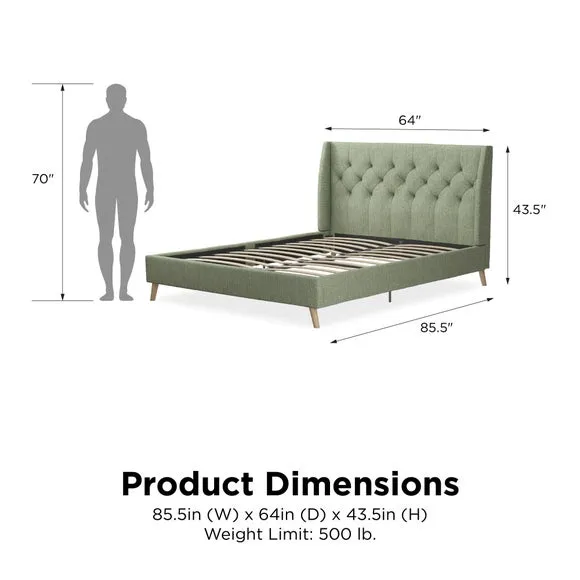 Wingback Bed with Tufted Headboard - Green, Linen