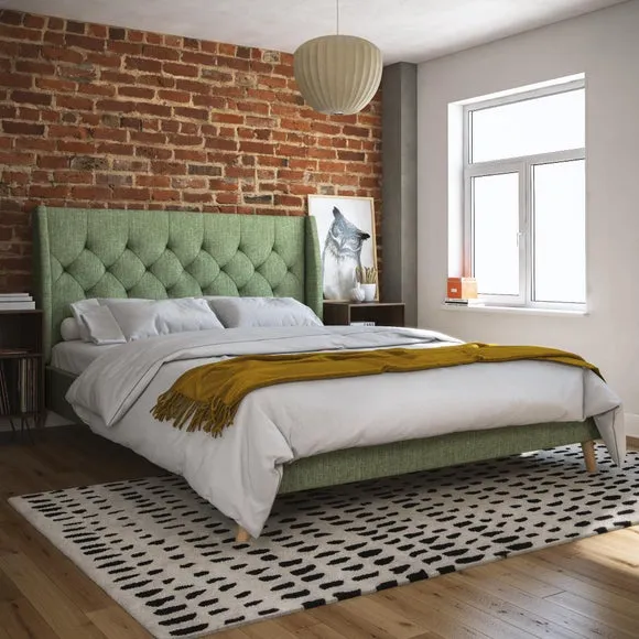 Wingback Bed with Tufted Headboard - Green, Linen