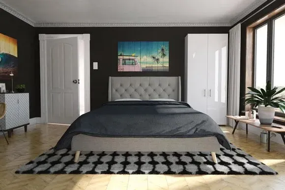 Wingback Bed with Tufted Headboard - Grey, Linen