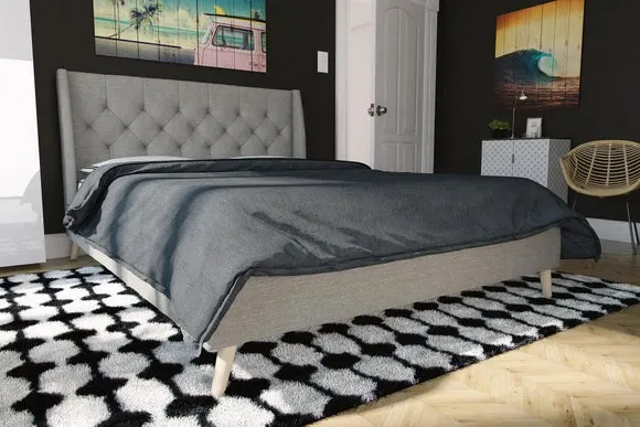 Wingback Bed with Tufted Headboard - Grey, Linen