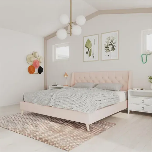 Wingback Bed with Tufted Headboard - Pink, Linen
