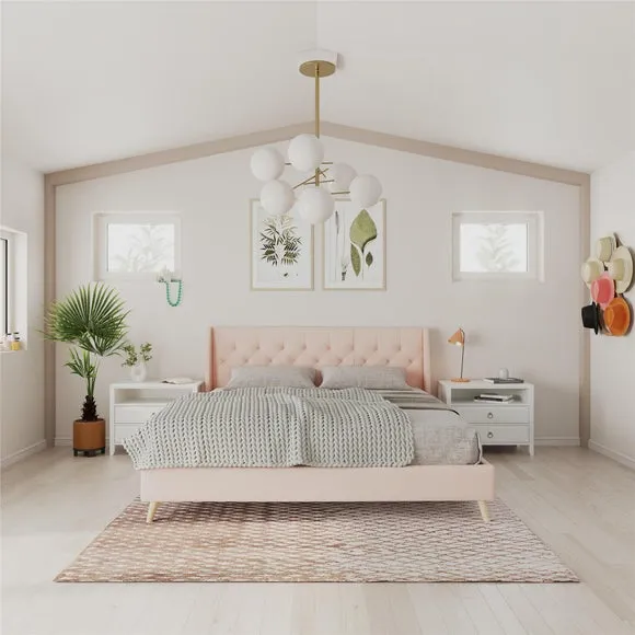Wingback Bed with Tufted Headboard - Pink, Linen