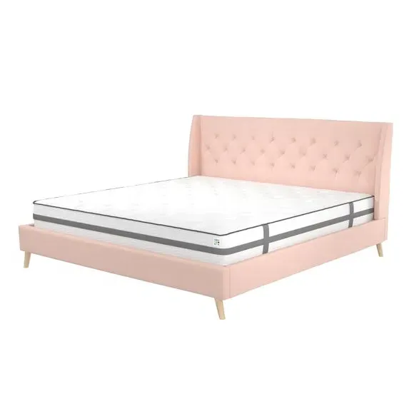 Wingback Bed with Tufted Headboard - Pink, Linen