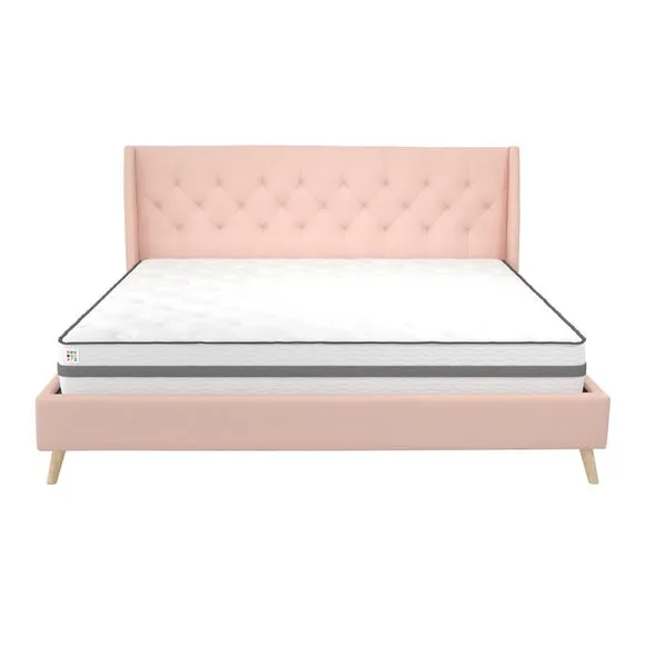 Wingback Bed with Tufted Headboard - Pink, Linen