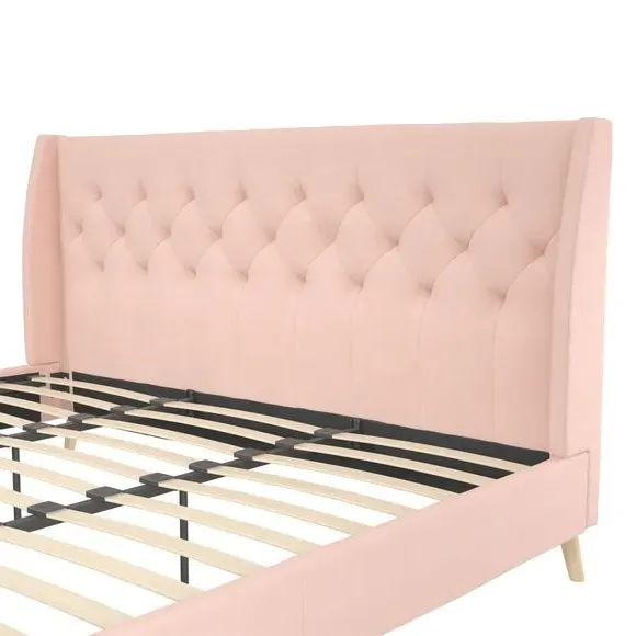 Wingback Bed with Tufted Headboard - Pink, Linen