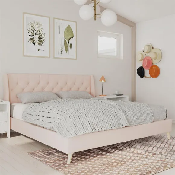 Wingback Bed with Tufted Headboard - Pink, Linen