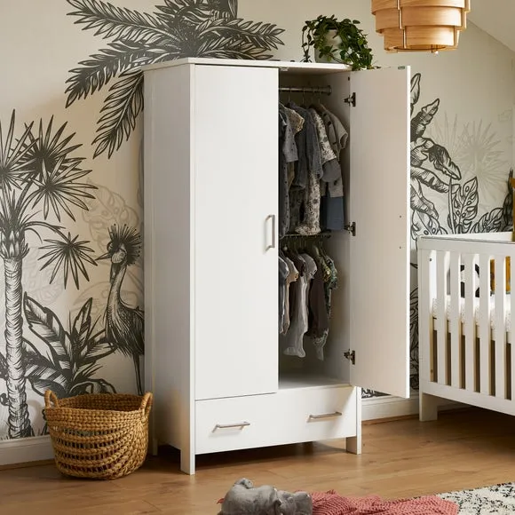 Double Door Wardrobe with Drawer - White