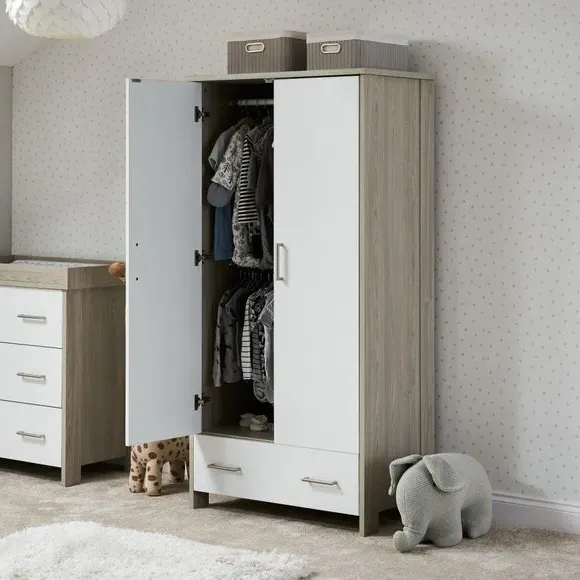 Double Door Wardrobe with Drawer - White/Grey