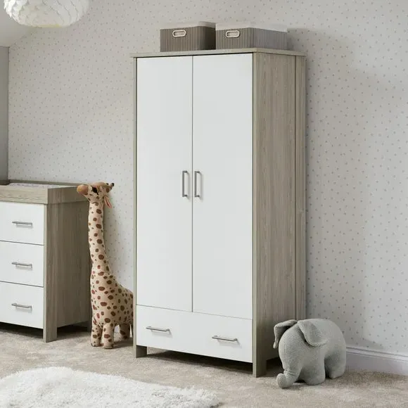 Double Door Wardrobe with Drawer - White/Grey