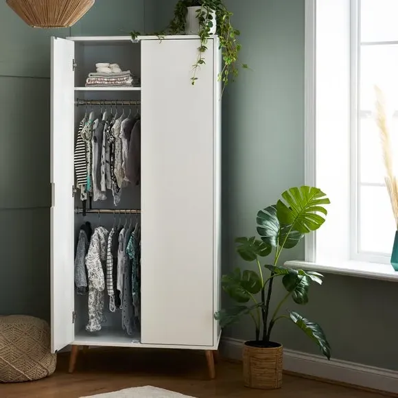 Double Door Wardrobe with Rails - White