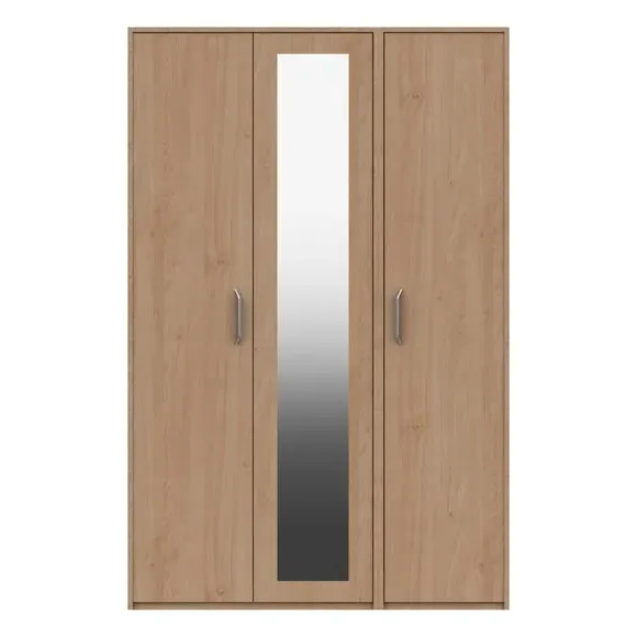 3-Door Mirrored Wardrobe with Handles - Oak