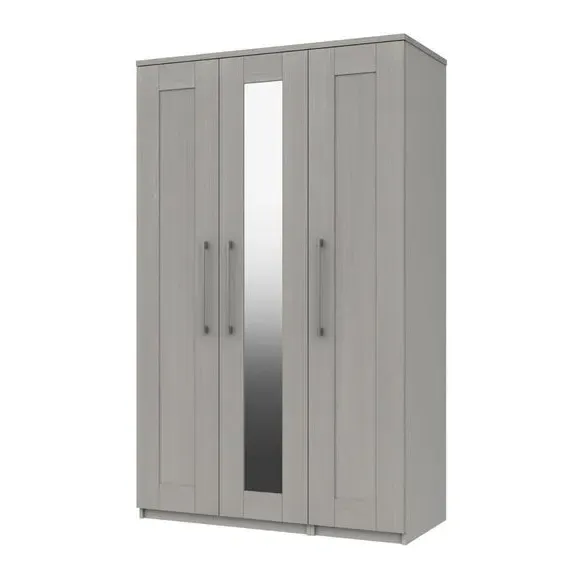 Triple Mirrored Wardrobe with Handles - Light Grey