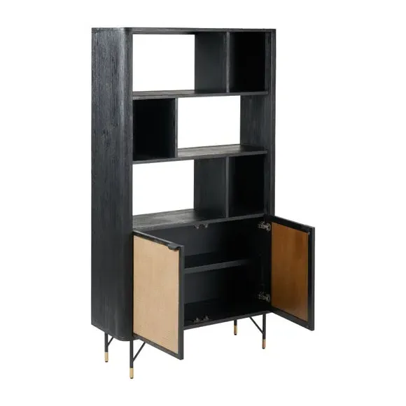 2-Door Shelving Unit with Rattan - Black, Acacia