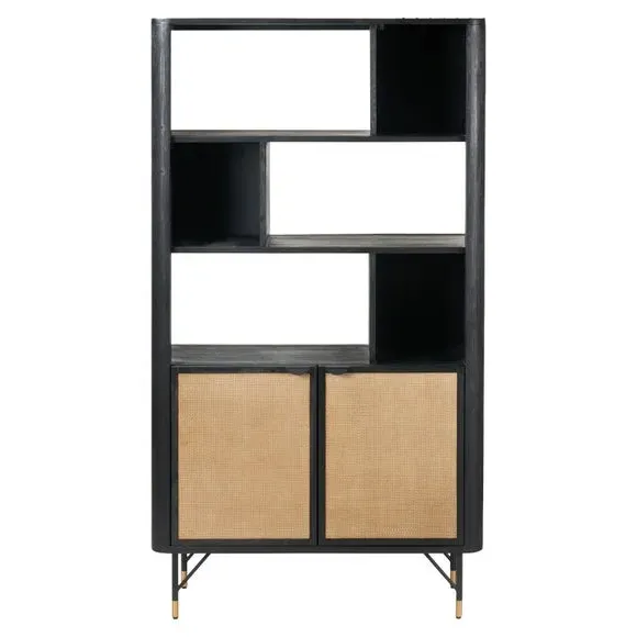 2-Door Shelving Unit with Rattan - Black, Acacia