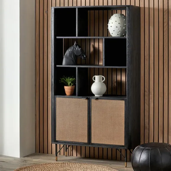 2-Door Shelving Unit with Rattan - Black, Acacia image