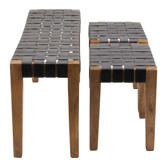 2-Seater Bench with Stools Set - Brown, Leather