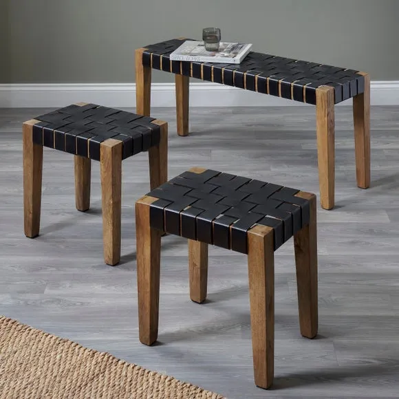 2-Seater Bench with Stools Set - Brown, Leather image