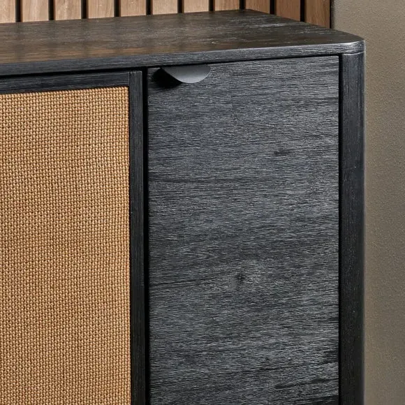 4-Door Sideboard with Rattan Panels - Black, Acacia
