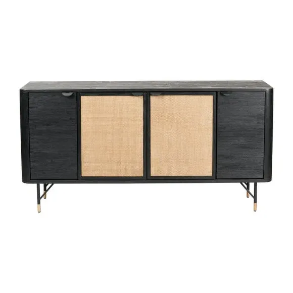 4-Door Sideboard with Rattan Panels - Black, Acacia