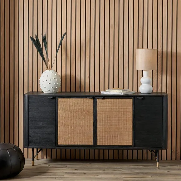 4-Door Sideboard with Rattan Panels - Black, Acacia image