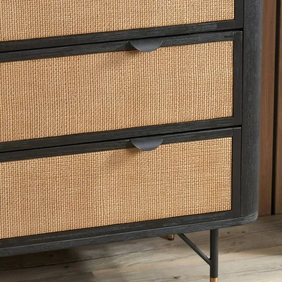 4-Drawer Chest with Rattan Panels - Black, Acacia