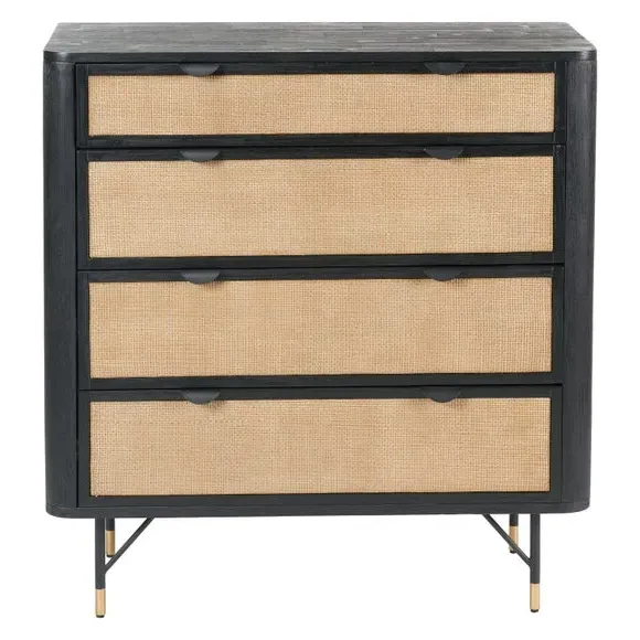 4-Drawer Chest with Rattan Panels - Black, Acacia