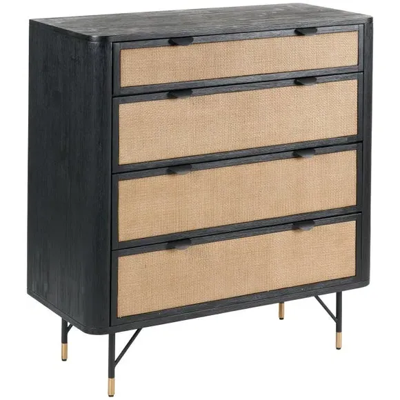 4-Drawer Chest with Rattan Panels - Black, Acacia