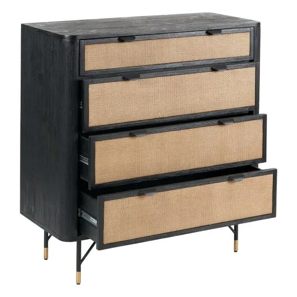 4-Drawer Chest with Rattan Panels - Black, Acacia