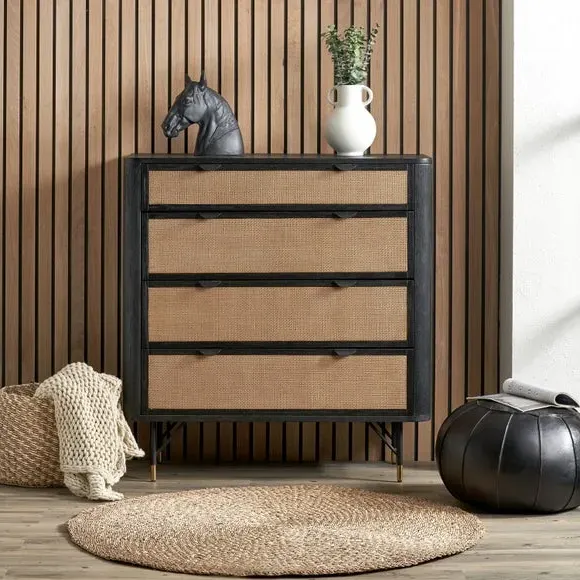 4-Drawer Chest with Rattan Panels - Black, Acacia image