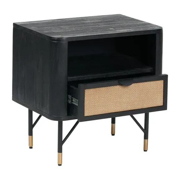 Bedside Table with Drawer - Black, Acacia Wood